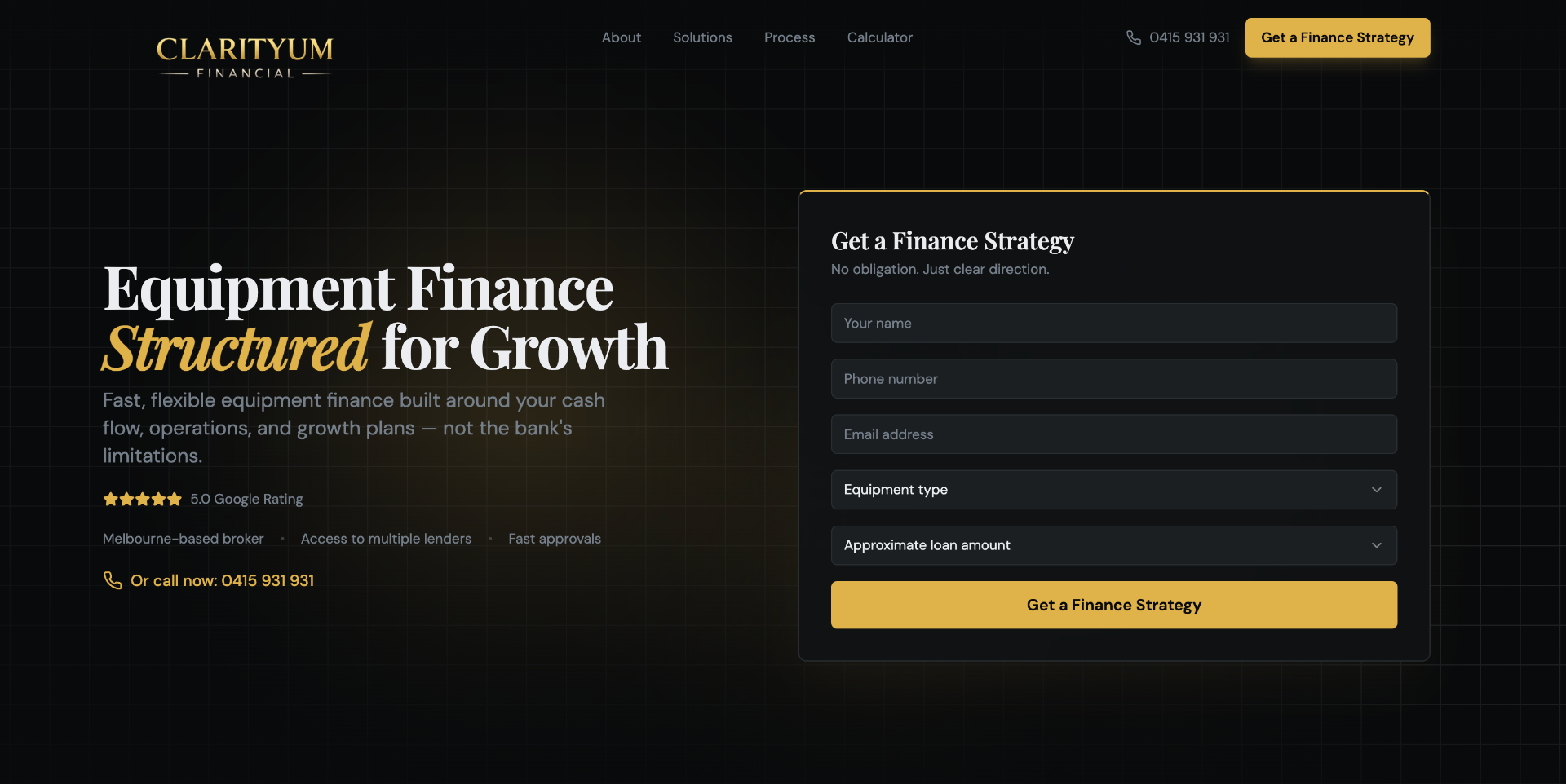 Clarityum Financial — equipment finance landing page